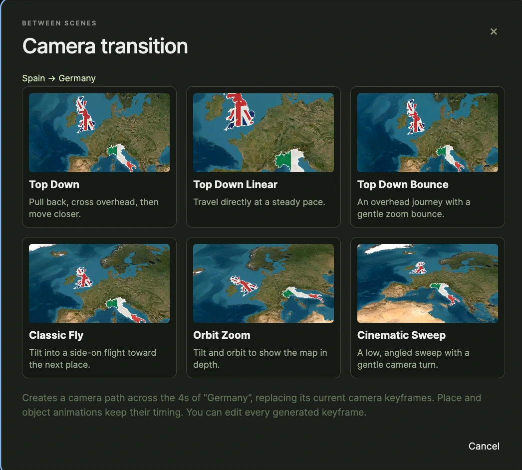 AnimationMaps vælger til kameraovergange med seks animerede forhåndsvisninger af kameraforudindstillinger.