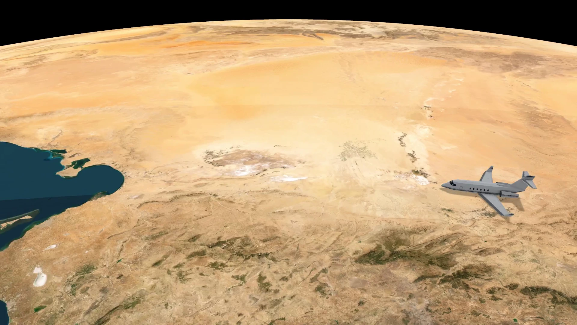 Un avion en trois dimensions survole un terrain désertique sur un globe satellite incurvé.