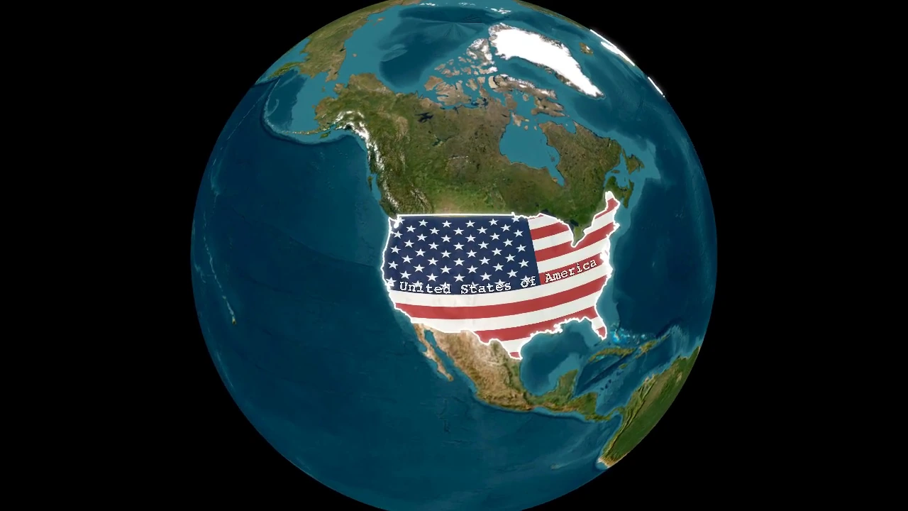Un globe satellite centré sur l’Amérique du Nord avec les États-Unis remplis de leur drapeau et leur nom affiché.