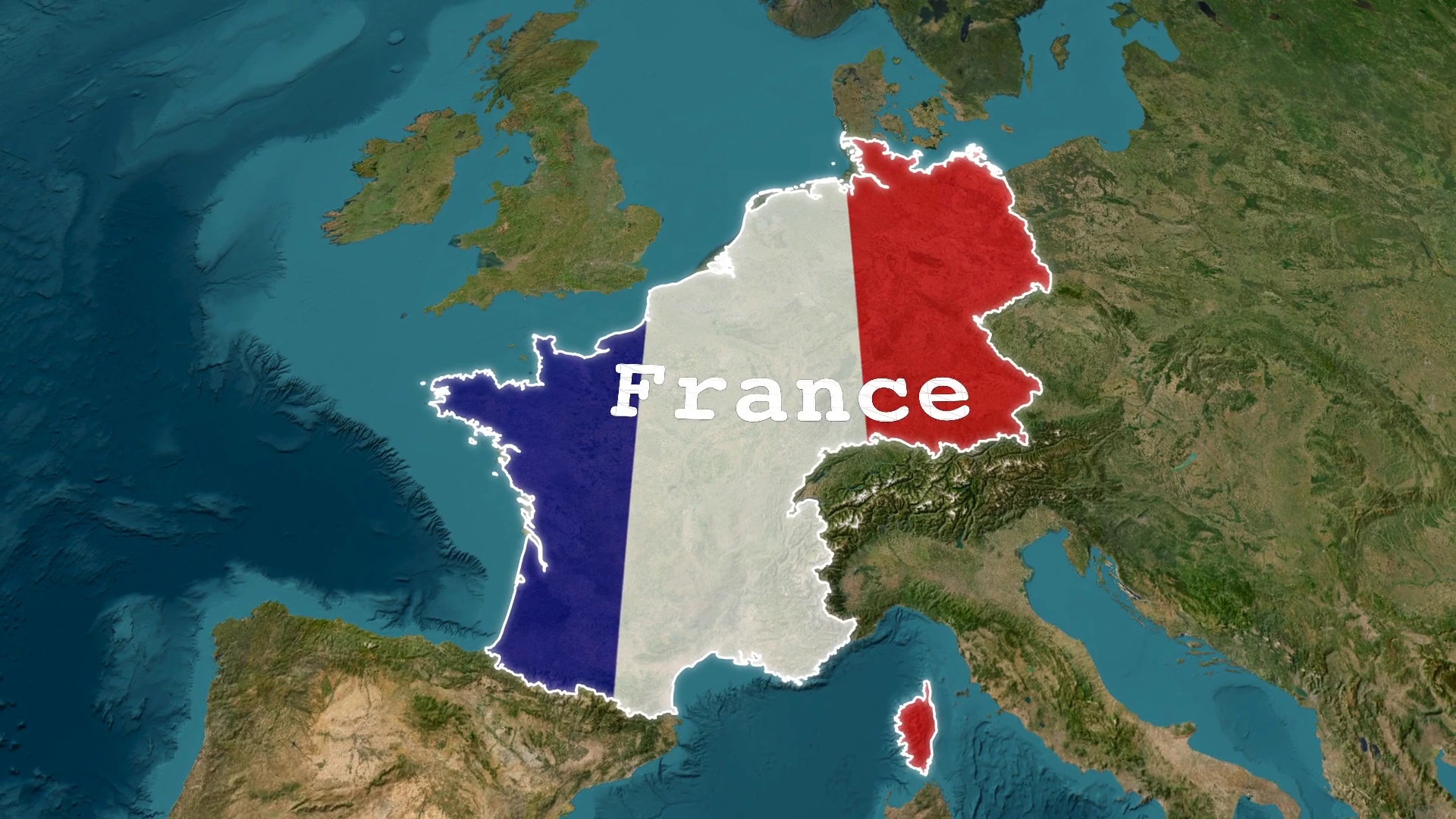 Un ensemble de pays fusionnés, rempli du drapeau tricolore français et nommé France.