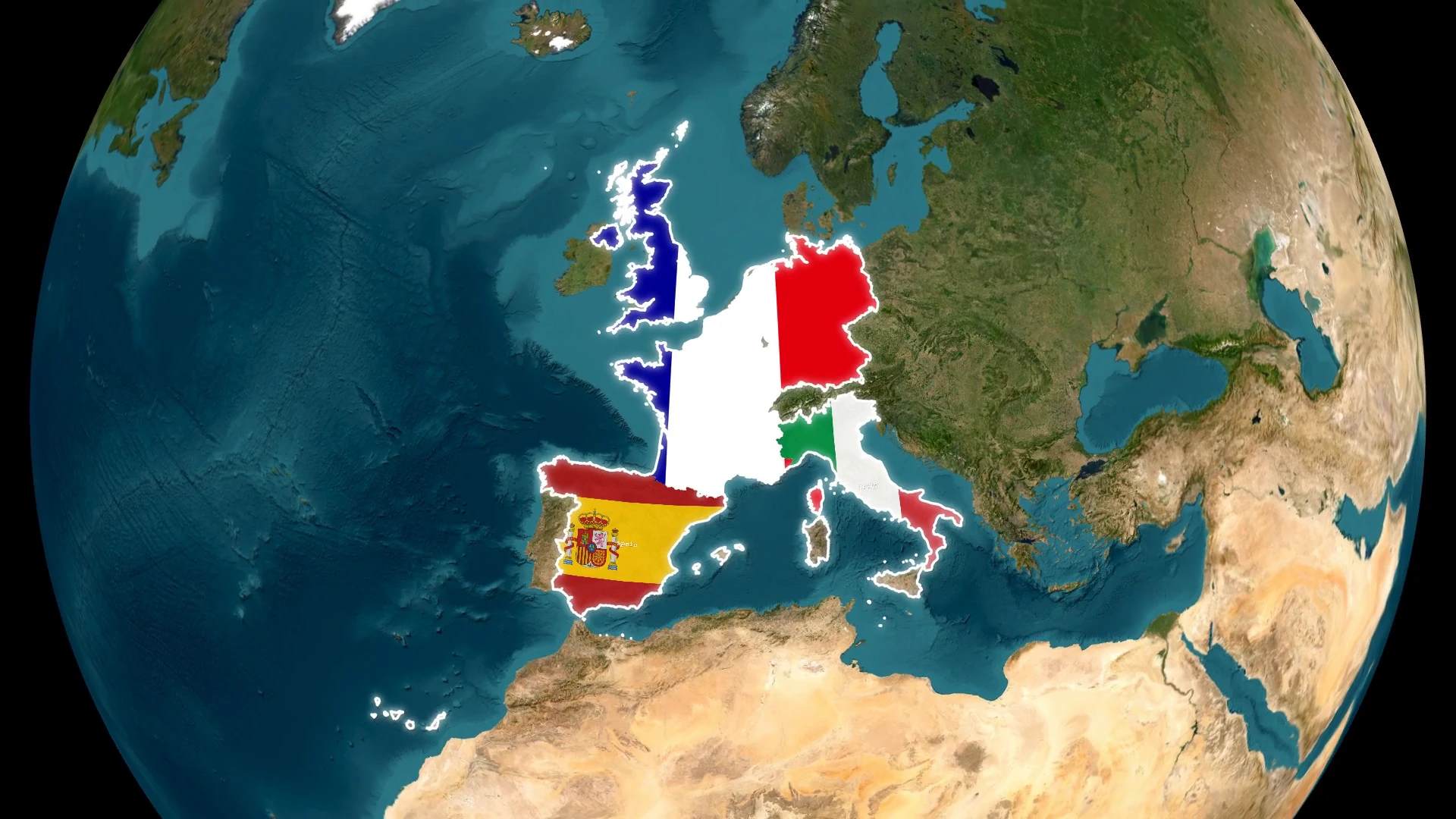 Des pays européens remplis de leurs drapeaux pendant une séquence de fusion de plusieurs pays.