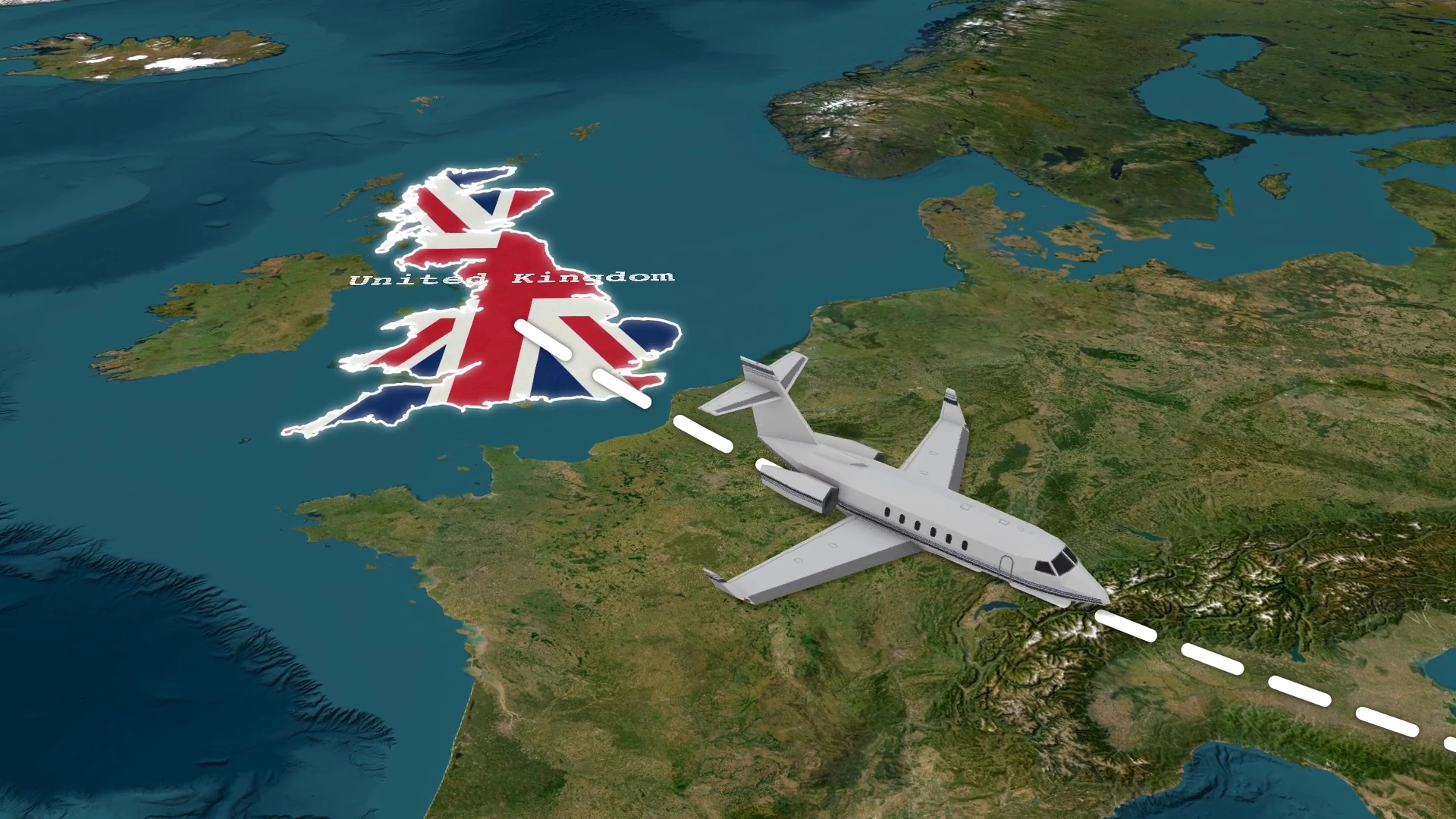 Un avion en trois dimensions suit un itinéraire en pointillés depuis le Royaume-Uni rempli de son drapeau.