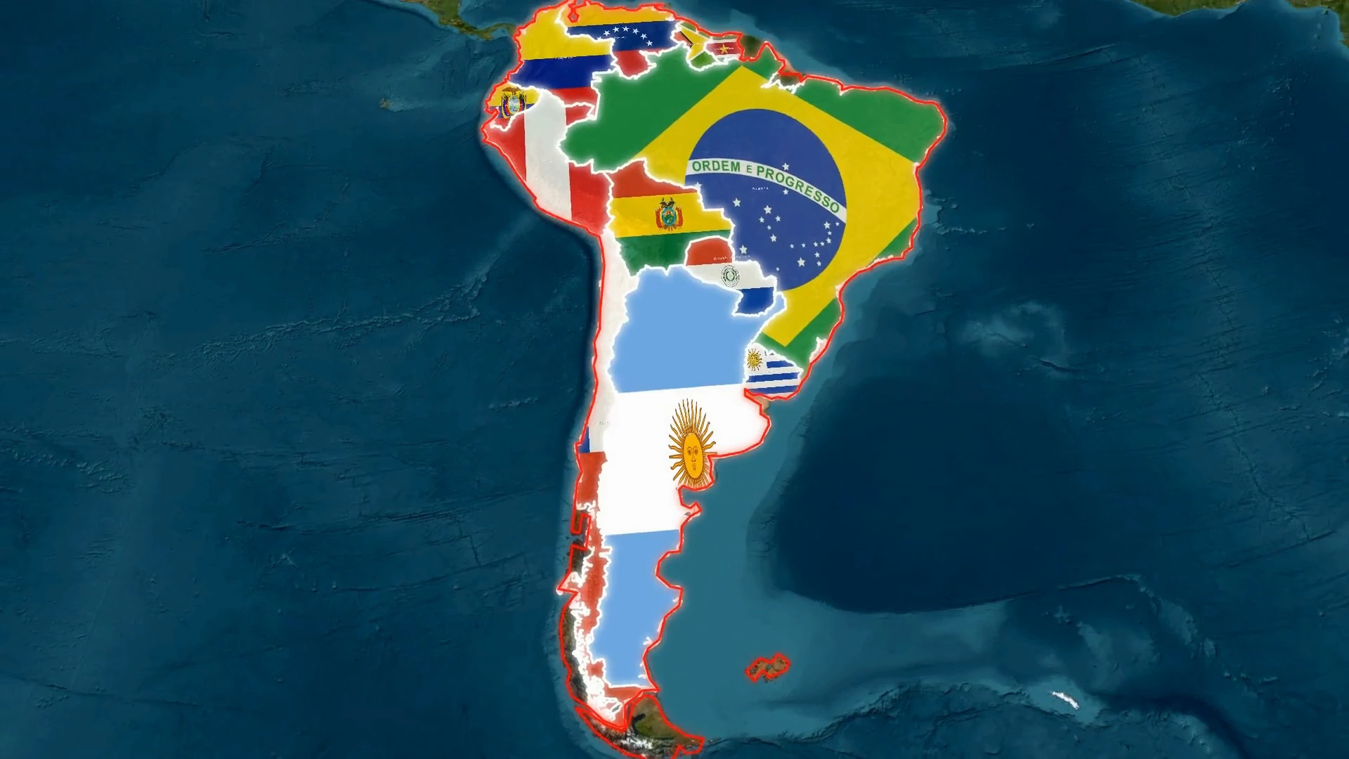 Paesi sudamericani riempiti con le bandiere nazionali su una mappa satellitare.