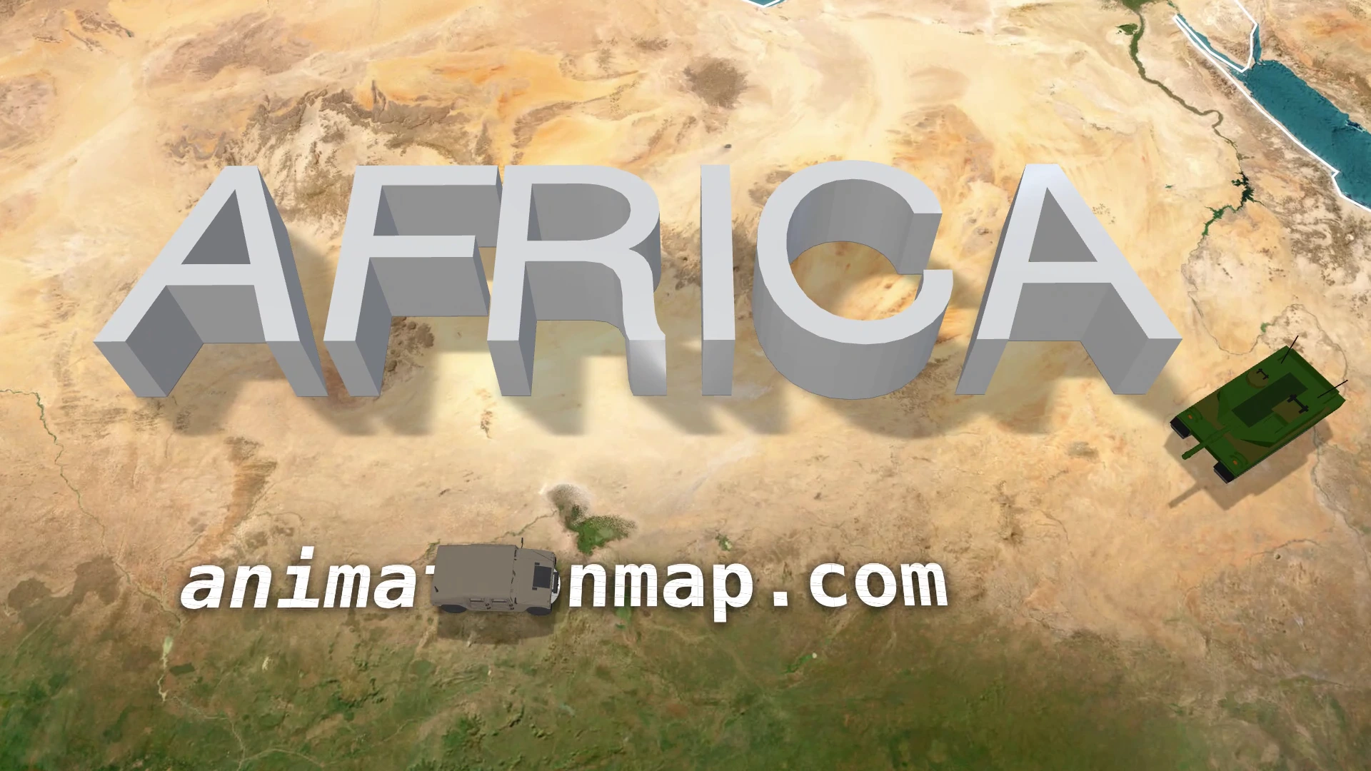Le texte AFRICA en relief et en trois dimensions projette des ombres sur une carte satellite.